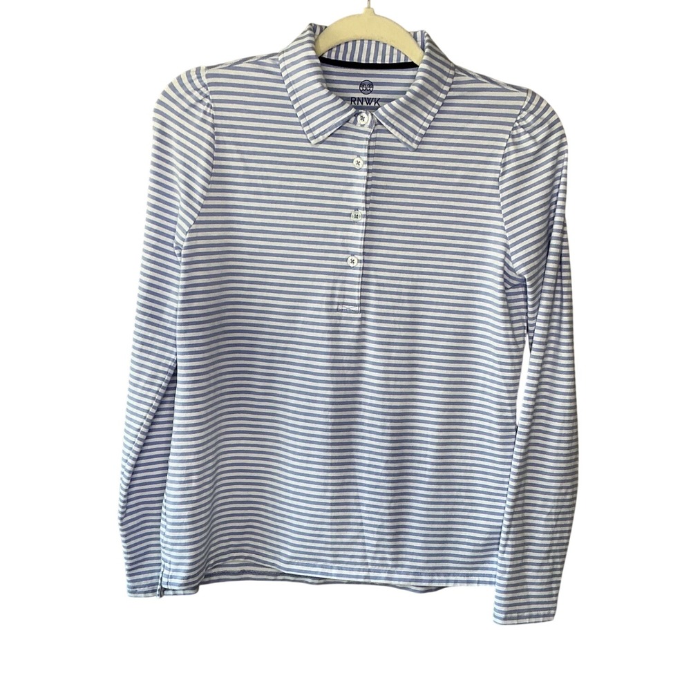 RNWK Womens Blue White Striped Long Sleeve Polo Shirt Size S Gathered Shoulder